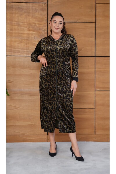 verabelle Velvet Fabric Leopard Print Plus Size Zipper through Stone Dress