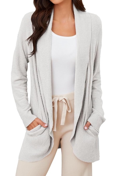 OEM Long Cardigan, Elegant, Front Opening, Long Sleeves, Pockets, Size L, Dark White