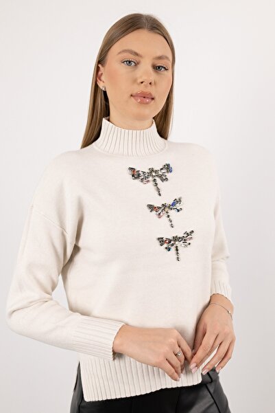 Butik Suat Yarım Balıkçı Yaka Detay Taş İşlemeli Uzun Kollu Triko