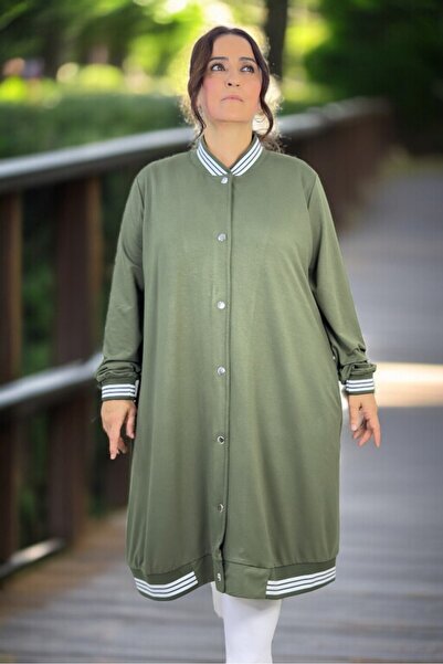 yagmurberen Snap Closure Crystal Viscose Fabric Pocketed Ribbed Plus Size Long Cap Jacket