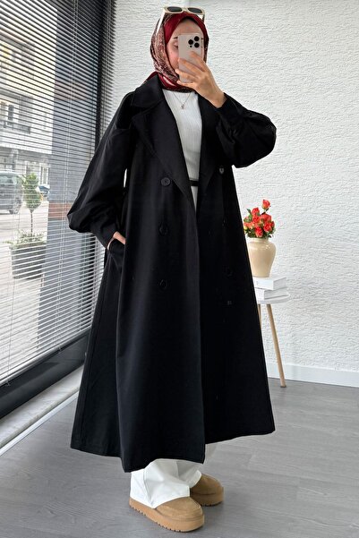 MELEK ARAZ Premium Balloon Cuff Women's Trench Coat – Black