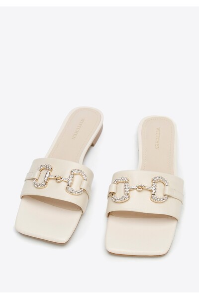 Wittchen Șlapi din piele pentru femei cu cataramă strălucitoare, crem, piele