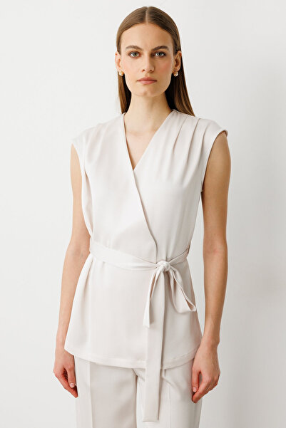 Ekol Women's Waist Belted Satin Vest 4158 Pearl