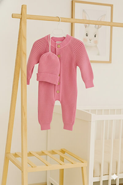 Nimini Kids Wooden Button Detailed Winter Unisex Beret Knitwear Baby Romper (...