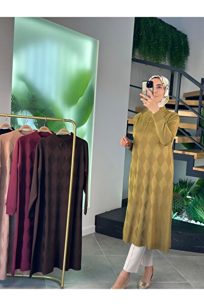 Armine Trend Baklava Desenli MerserizeTunik 25YTD4112 Yağ Yeşili