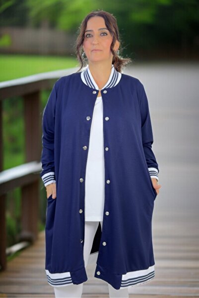 yagmurberen Snap Closure Crystal Viscose Fabric Pocketed Ribbed Plus Size Long Cap Jacket