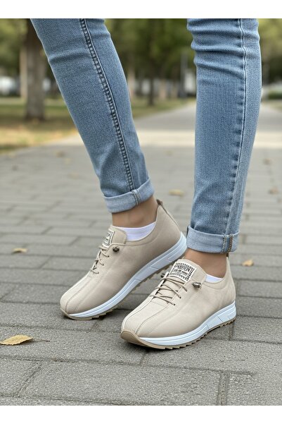 SİLİYA Women's Beige Matte Colored Rubber Lace-Up Orthopedic Sole Ballerinas