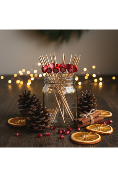 Empressco 12 Adet Kırmızı Kar Tanesi Baskılı Ahşap Kokteyl Kürdanı, Yılbaşı v...