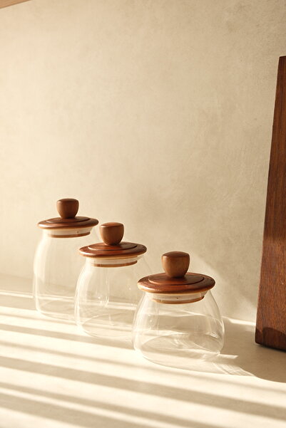 Dekorzdükkan Trio Set of 3 Acacia Vacuum Lid Jars (500Ml+750Ml+950Ml)