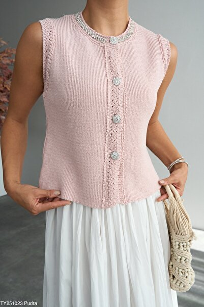 BZ BUTİK Powder Vest with Stone Collar and Button Details