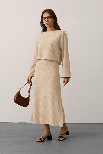 missamour Women's Basic Burgundy Ribbed Skirt Two-Piece Set