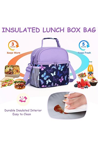 VASCHY Kids Insulated Double-Compartment Lunch Bag with Adjustable Shoulder Strap - Purple Butterfly
