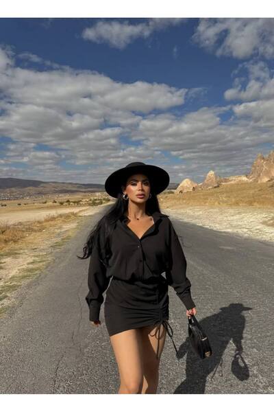 aytenli Shirt Collar Half Buttoned Skirt Lace-Up Drawstring Top Loose Skirt Narrow Sleeve Cuffed Mini Shirt Dress