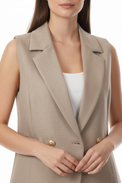 Ekol Double-Breasted Collar Slim F Corded Fabric Vest