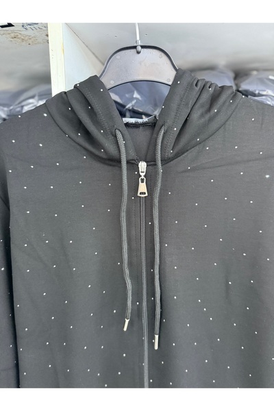 QUMRULİFE Zippered Cardigan with Stone Details Stretch Fabric Fabric