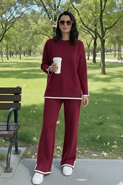 modabirsen Slit Detailed Knitwear 2-Piece Set Burgundy