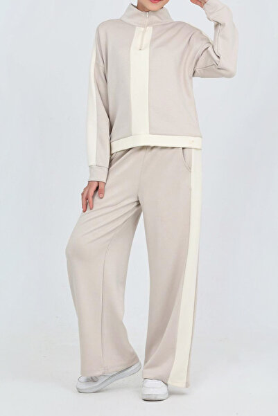 MODANINO Girl's Double Face Fabric Half-Zipper and Stripe Garni Detailed Top and Bottom Set 12300