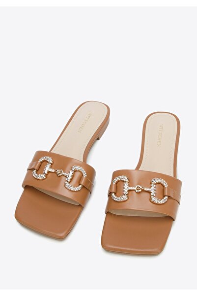 Wittchen Șlapi din piele pentru femei cu cataramă strălucitoare, piele maro