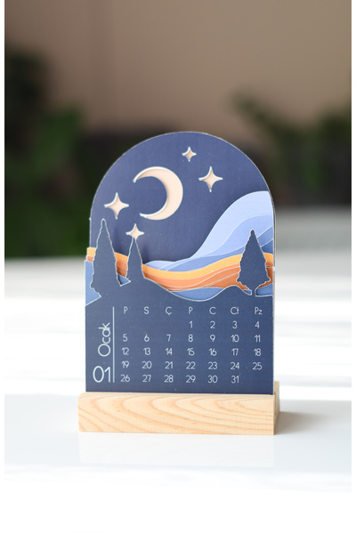 GÖKÇETasarım 2026 Minimal Manzara Masa Takvimi / Ahşap Standlı Takvim