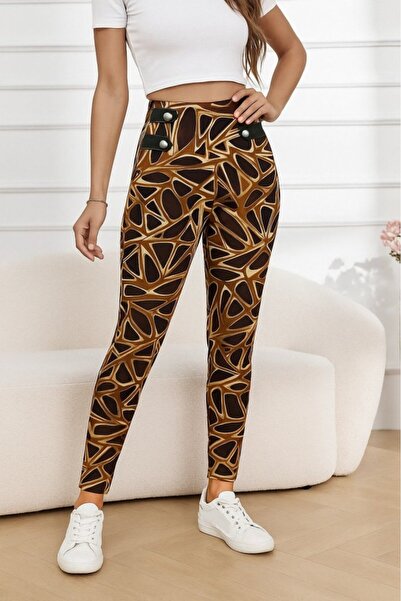 ALPACO Women's High Waist Houndstooth Patterned Side Stripe Button Detailed Diving Pants