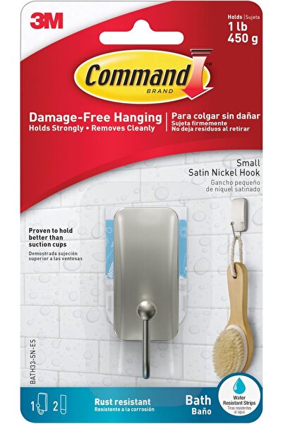 COMMAND Adhesive Hanging Hook, Satin Nickel, holds up to 1 lb (BATH33-SN-ES) – 1 hook with 2 water
