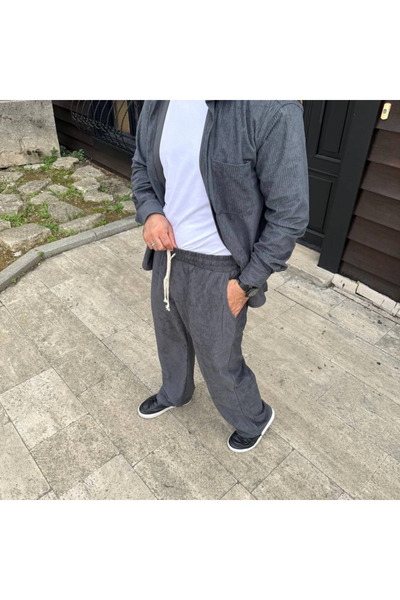 babatr.com Men's Corded Fabric Velvet Pocket Buggy Trousers Oversized Comfortable Fit - Smoked