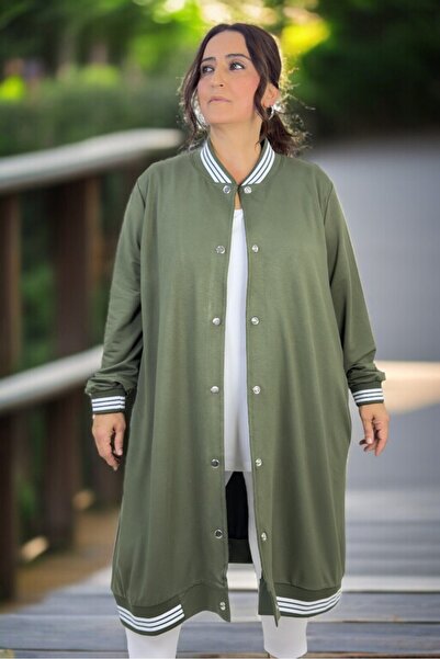 yagmurberen Snap Closure Crystal Viscose Fabric Pocketed Ribbed Plus Size Long Cap Jacket
