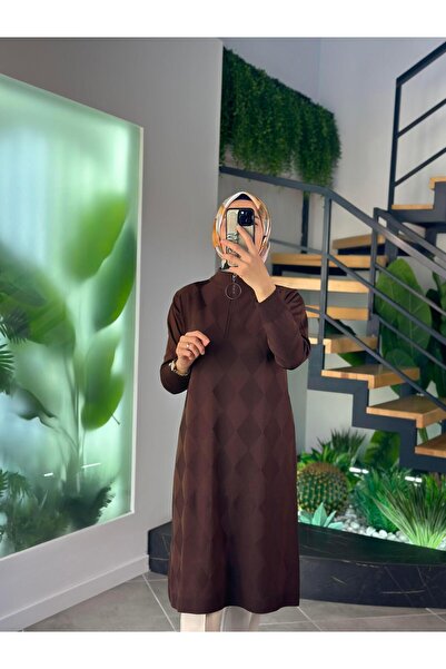 Armine Trend Baklava Desenli Merserize Tunik 25YTD4112 Kahverengi