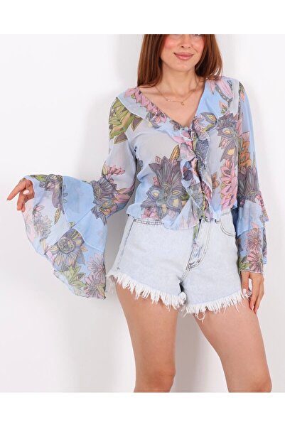 mrc Bağlamalı İspanyol Kol Transparan Mavi Gömlek