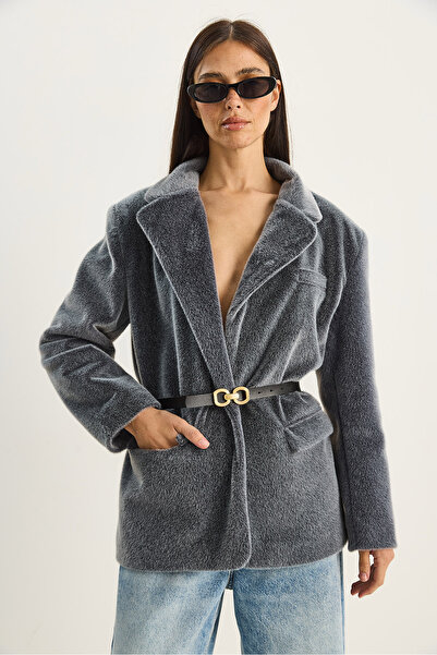 Bianco Lucci Women's Pocket Detailed Lined Belted Plush Textured Blazer Jacket 2761 60281110