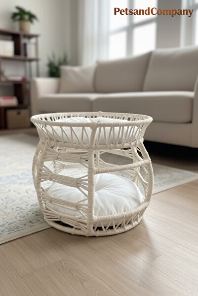 PetsandCompany El Örgüsü 2 Katlı Kedi Köpek Yatağı ve Evi Krem, 53x50 cm, Modern Çift Katlı Evcil Hayvan Ranzası