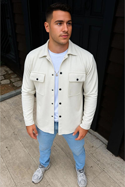 EyesOf Men's Diagonal Fabric Pocket Snap Long Sleeve, Shirt Oversized Comfortable Fit Casual Stylish Style -