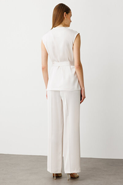 Ekol Women's Waist Belted Satin Vest 4158 Pearl