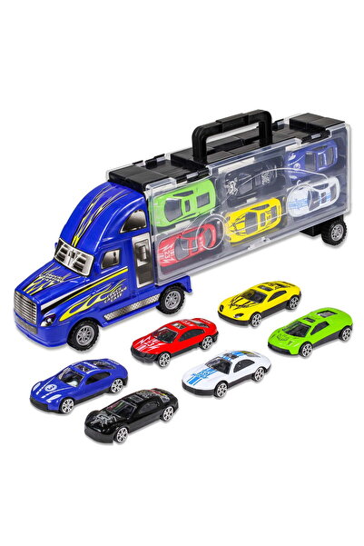 Toybox 10pc Blue Semi Truck Toy Car Carrier Diecast Playset Boys 3 and Up