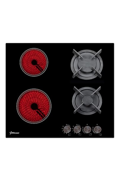 STARCREST SEH-HM6042 Built-in Mixed Hob - 2 Gas + 2 Ceramic Zones, Electric Ignition, Black Glass