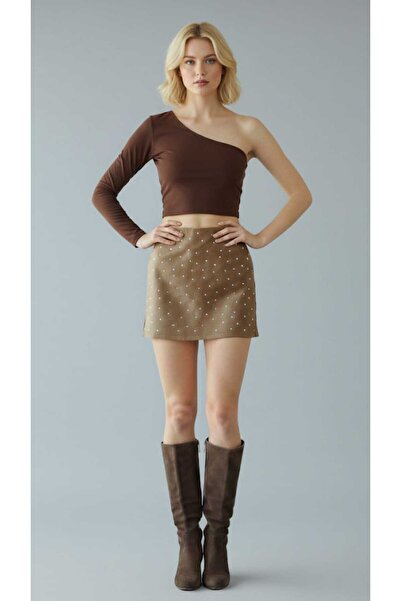 Sensiz Taş Detaylı Mini Süet Etek