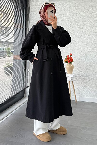 MELEK ARAZ Premium Balon Kol Düğmeli Kadın Trençkot – Siyah