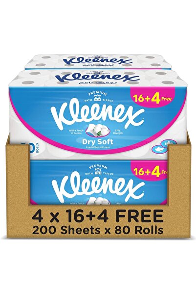 Kleenex لفات ورق تواليت جافة وناعمة (16 + 4 لفات مجانية × 200 ورقة) × 4 - قاب...