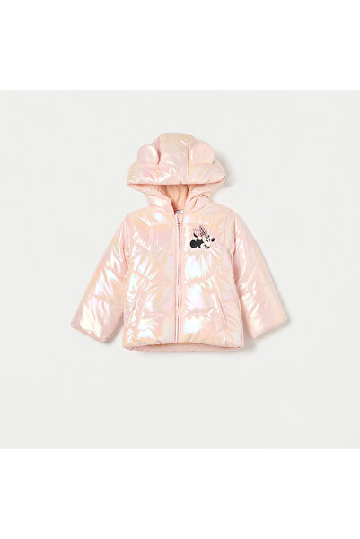 Disney Minnie Mouse Print Quilted Zip Through Hooded Jacket with Ear Applique