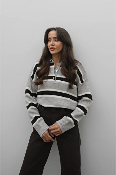 solena sln Women's New Season Striped Polo Neck Knitwear Sweater