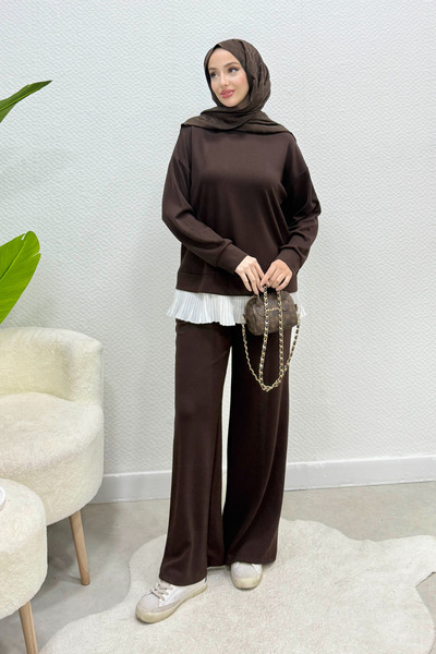 Tesettür Diyarı Set de îmbrăcăminte islamică cu pliuri albe sub tunică - Maro...