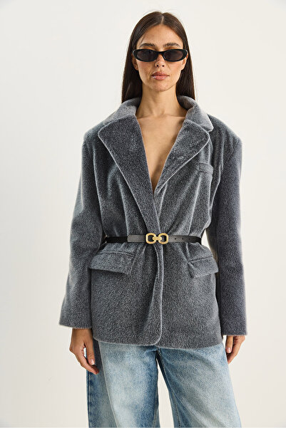 Bianco Lucci Women's Pocket Detailed Lined Belted Plush Textured Blazer Jacket 2761 60281110