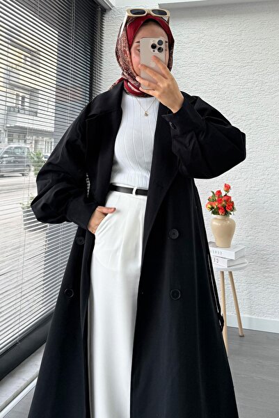 MELEK ARAZ Premium Balon Kol Düğmeli Kadın Trençkot – Siyah