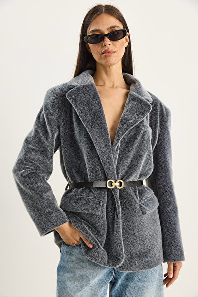 Bianco Lucci Women's Pocket Detailed Lined Belted Plush Textured Blazer Jacket 2761 60281110