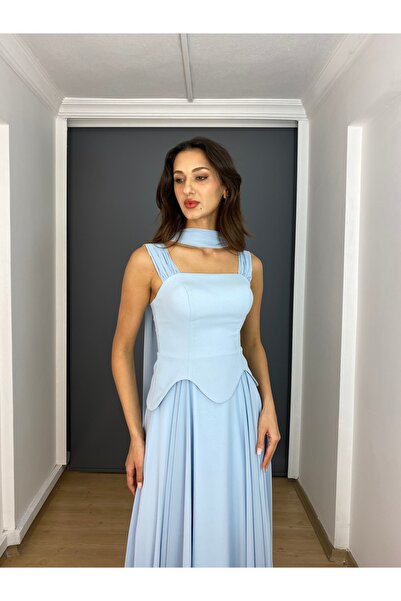 gökkuşagı moda Mavi Askılı Straplez Bel Korsajlı Üst Krep Alt Şifon Uzun Abiye Elbise