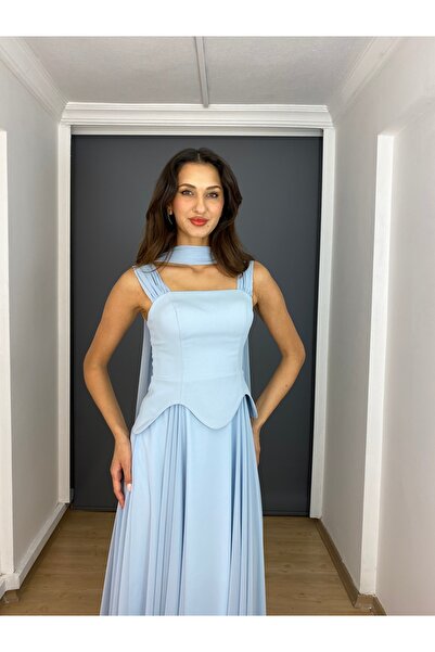 gökkuşagı moda Mavi Askılı Straplez Bel Korsajlı Üst Krep Alt Şifon Uzun Abiye Elbise