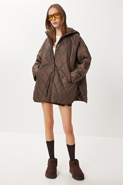 Lovelyİstanbul Hooded Quilted Oversized Coat Lfn0002 Brown