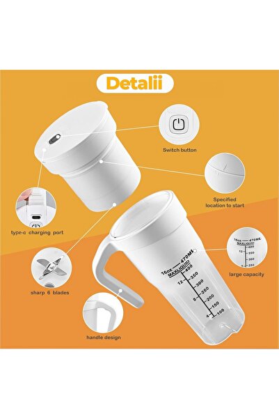 Timebox Mini Electric Blender, Portable, 6 Blades, 470ml Rechargeable, Wireless, Smoothie, White