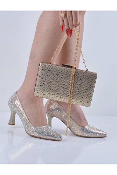 Şanslı Ayakkabıcılık Yellow Plastered Stone Champagne Heel Evening Dress Shoe...