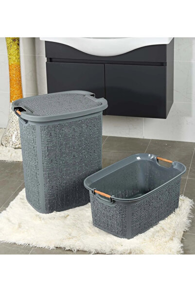 Tuffex Woow Kirli ve Temiz Çamaşır Sepeti Seti 60L + 30L - Hasır Desenli Gri ...